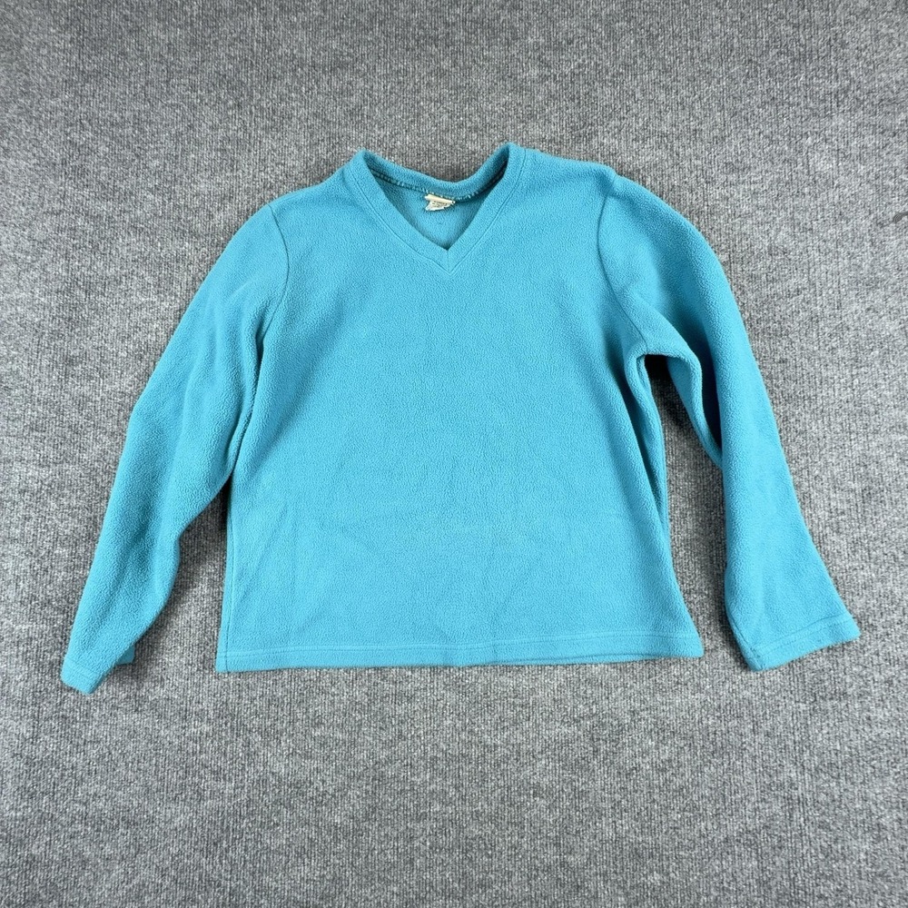 VTG L.L. Bean Shirt Womens Medium Blue Stretch Fleece V Neck Long Sleeve Top